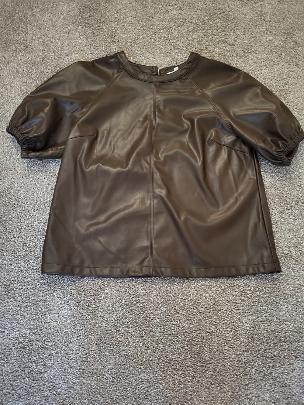 crown & ivy Brown Faux Leather Puff Sleeve Blouse